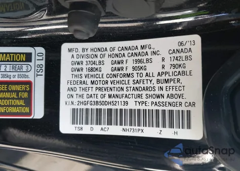 2013 Honda Civic Lx from USA, damaged, VIN 2HGFG3B50DH521139
